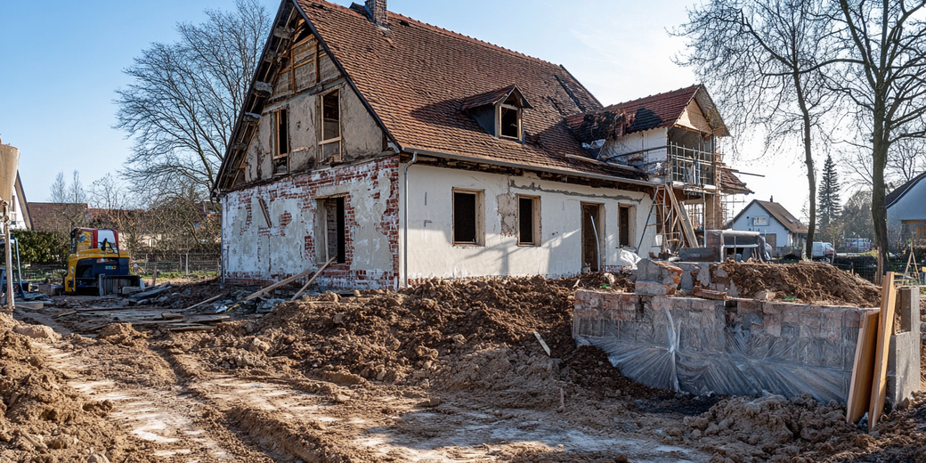 Ein altes Bauernhaus wird saniert, mit freigelegtem Mauerwerk, Baugerüst und Erdarbeiten im Vordergrund