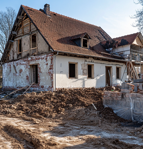 Ein altes Bauernhaus wird saniert, mit freigelegtem Mauerwerk, Baugerüst und Erdarbeiten im Vordergrund