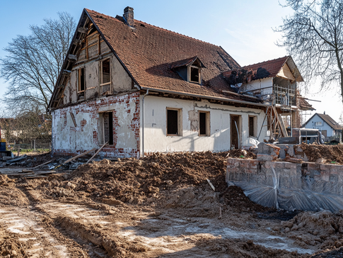 Ein altes Bauernhaus wird saniert, mit freigelegtem Mauerwerk, Baugerüst und Erdarbeiten im Vordergrund