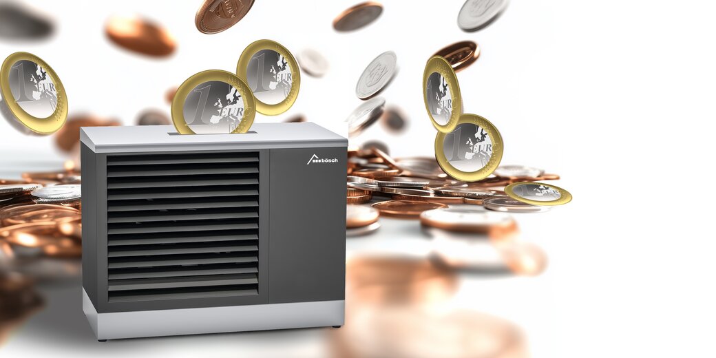 MOZART Wärmepumpe von bösch vor fliegenden Euromünzen – Symbol für geförderte, nachhaltige Heiztechnologie.