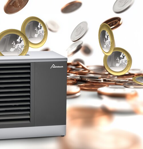 MOZART Wärmepumpe von bösch vor fliegenden Euromünzen – Symbol für geförderte, nachhaltige Heiztechnologie.
