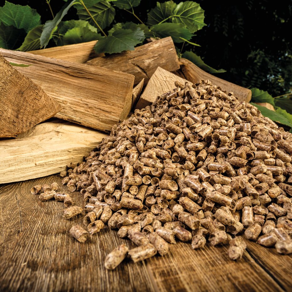Holzpellets und Holzscheite auf einer Holzoberfläche mit grünen Blättern im Hintergrund.
