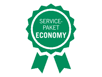 Grünes Abzeichen für das bösch Wartungspaket Economy mit einer Rosette und der Aufschrift 'SERVICE PAKET ECONOMY' in weißer Schrift auf grünem Hintergrund. | © bösch heizung.klima.lüftung