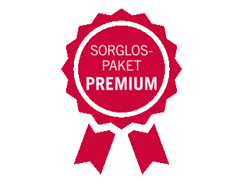 Rotes Abzeichen für das bösch Sorglospaket Premium mit einer Rosette und der Aufschrift 'SORGLOSPAKET PREMIUM' in weißer Schrift auf rotem Hintergrund. | © bösch heizung.klima.lüftung