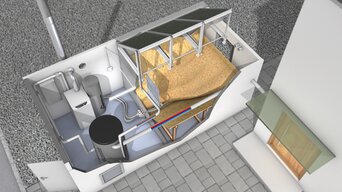 3D-Modell eines Heizungskellers mit einer modernen Pelletheizung, einem großen Pelletlager, dem Brennstoff-Austragsystem sowie weiteren Heizungskomponenten und Rohrleitungen. | © Walter Bösch GmbH & Co KG