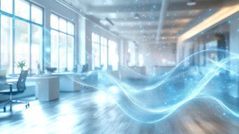 Visualisierung von Luftströmung in einem modernen Büro – Symbol für intelligente und kundenspezifische Lüftungslösungen