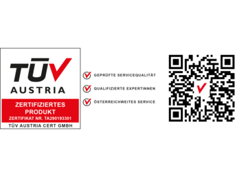 Zertifikat von TÜV Austria mit dem Text 'Zertifiziertes Produkt' und der Zertifikatsnummer TA290193301. Links das Logo von TÜV Austria, daneben eine Liste mit drei Qualitätsmerkmalen: geprüfte Servicequalität, qualifizierte Expertinnen, österreichweites Service, und rechts ein großer QR-Code mit einem roten Haken in der Mitte. | © bösch heizung.klima.lüftung