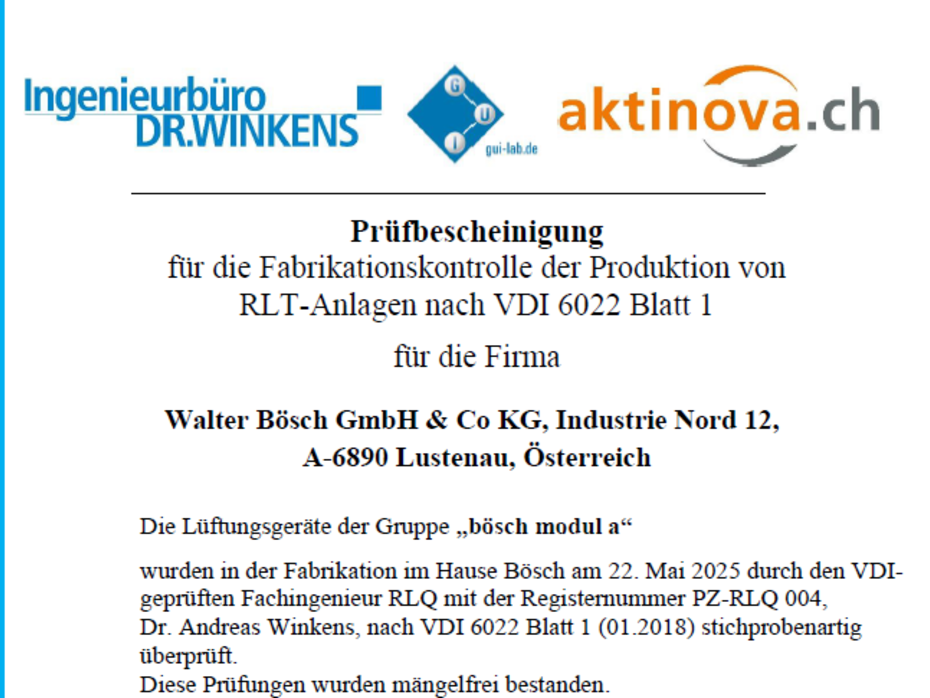 RLT-Anlagen von bösch nach VDI 6022 geprüft