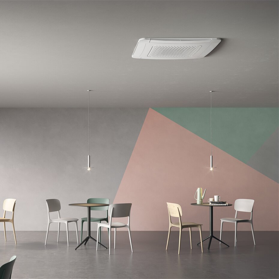 Moderner Café-Bereich mit minimalistischer Einrichtung und einer Deckenkassette für Klimatisierung | © bösch heizung.klima.lüftung