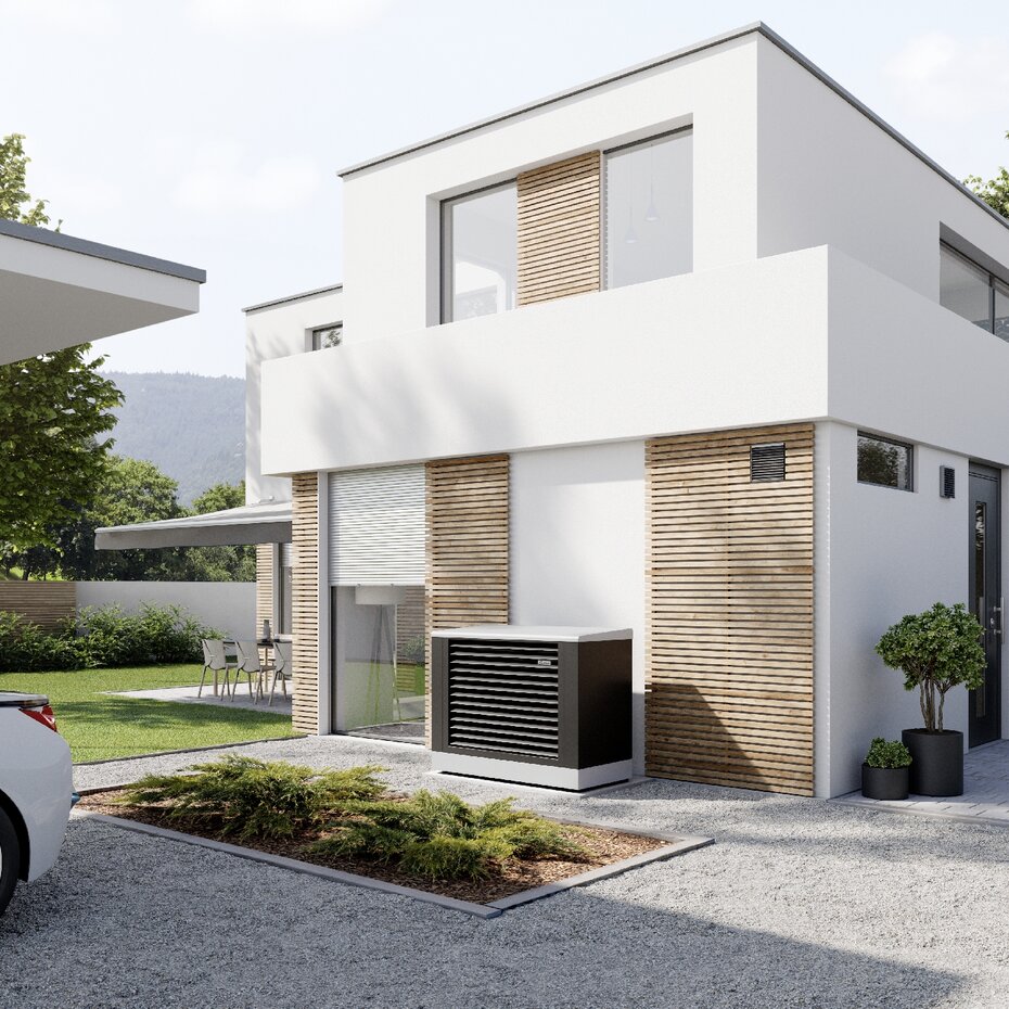 Installierte Luftwärmepumpe bösch Mozart mit Außenstellung neben einem modernen Haus | © bösch  heizung.klima.lüftung