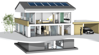 3D-Illustration eines weißen modernen Einfamilienhauses mit dunklem flach geneigtem Dach mit Solaranlage und Heizungssystem im Keller