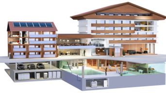 Schnittdarstellung eines modernen Hotelgebäudes mit Spa-, Restaurant- und Technikbereichen – zeigt integrierte HLK- und Energiesysteme im Hotelbau