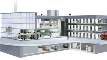 Schnittdarstellung eines Industriegebäudes mit verschiedenen Technikbereichen – zeigt moderne HLK- und Energiesysteme im Industriebereich