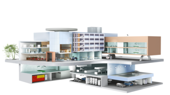 Schnittdarstellung eines modernen Krankenhauskomplexes mit Technik-, Labor- und Patientenzonen – zeigt integrative HLK- und Energiesysteme für medizinische Einrichtungen