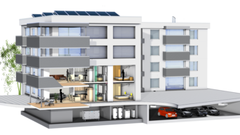 Schnittdarstellung eines Mehrparteienwohnhauses mit Technikzentrale und Tiefgarage – zeigt integrierte Energie- und Versorgungslösungen für den Wohnbau