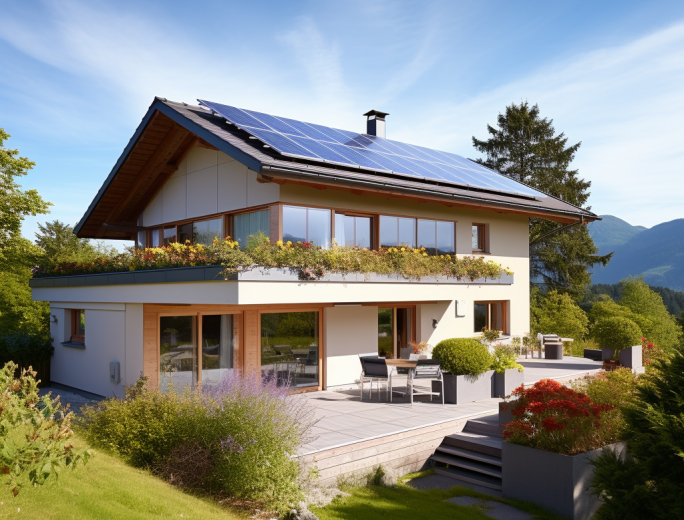 Modernes Einfamilienhaus mit Solaranlage am Dach und Wärmepumpe – nachhaltige Energieversorgung im Grünen.