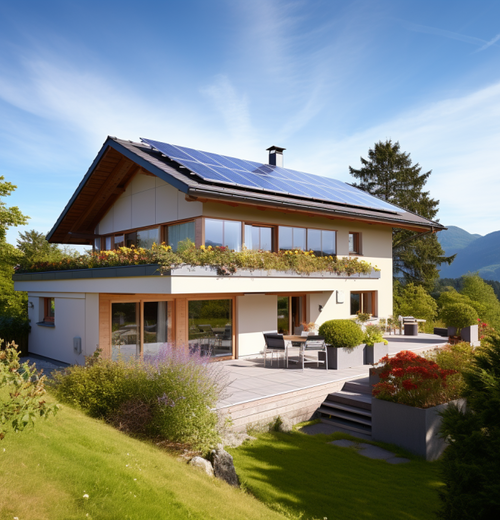 Modernes Einfamilienhaus mit Solaranlage am Dach und Wärmepumpe – nachhaltige Energieversorgung im Grünen.