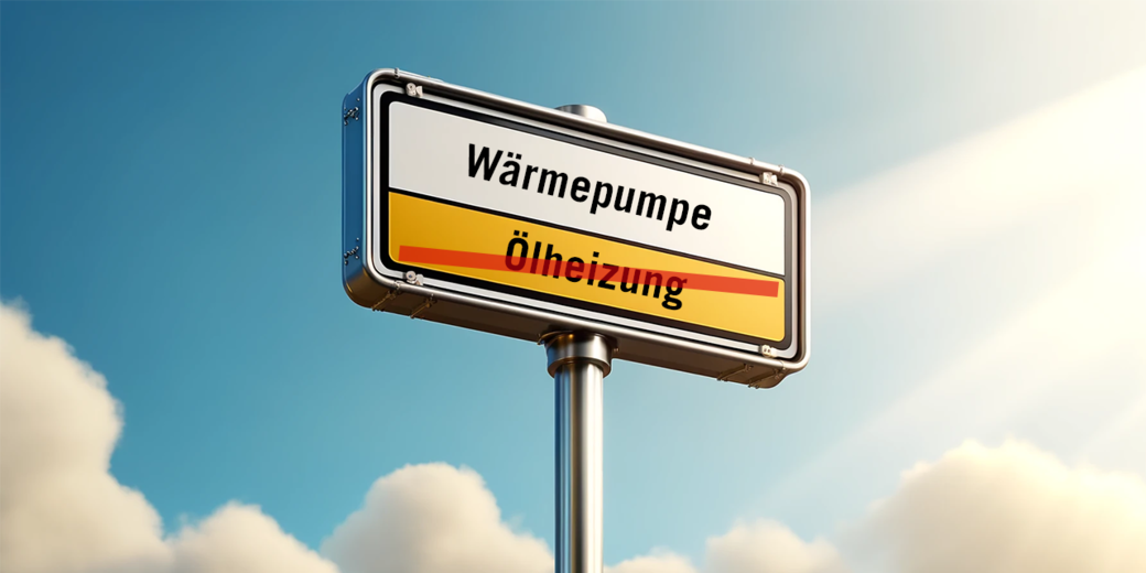 Ortsschild mit durchgestrichener „Ölheizung“ und neuer „Wärmepumpe“ – Symbol für den Wechsel zu moderner, klimafreundlicher Heiztechnik