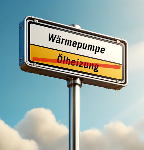 Ortsschild mit durchgestrichener „Ölheizung“ und neuer „Wärmepumpe“ – Symbol für den Wechsel zu moderner, klimafreundlicher Heiztechnik