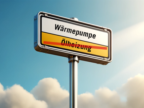 Ortsschild mit durchgestrichener „Ölheizung“ und neuer „Wärmepumpe“ – Symbol für den Wechsel zu moderner, klimafreundlicher Heiztechnik