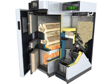 Kombi-Heizzentrale DUO von bösch geöffnet und Funktion mit Holz vorgezeigt