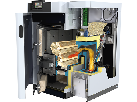 DUO-S Kombi-Heizzentrale: Flexibel heizen mit Scheitholz und Pellets in einem Gerät.