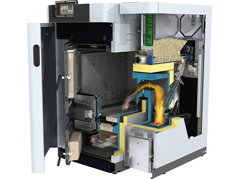 Schnittdarstellung der DUO-S Kombi-Heizzentrale von bösch – Betrieb mit Pellets bei leerem Scheitholzraum.