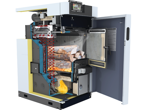 Schnittdarstellung der DUO-S Kombi-Heizzentrale von bösch im Scheitholzbetrieb – effizientes Heizen mit Stückholz.