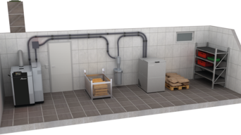 3D-Modell eines Heizungskellers mit einer Kombi-Heizzentrale und einem leeren Brennstoff-Lagerraum mit Pellet-Box als Vorratsbehälter