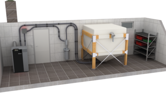 3D-Modell eines Heizungskellers mit einer Pellet-Heizzentrale und einem Sacksilo für die Pelletslagerung | © Walter Bösch GmbH & Co KG