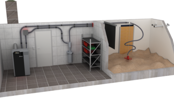 3D-Modell eines Heizungskellers mit einer Pellet-Heizzentrale und einem Brennstoff-Lagerraum mit Pellets-Maulwurf | © Walter Bösch GmbH & Co KG