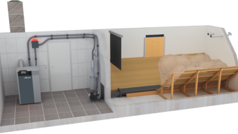 3D-Modell eines Heizungskellers mit einer Pellet-Heizzentrale und einem Brennstoff-Lagerraum mit Pellets-Schnecke