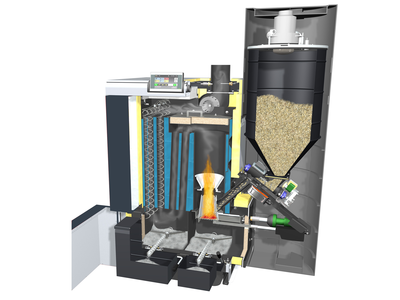 3D-Illustration vom Aufbau der Pellet-Heizzentrale PEO von bösch