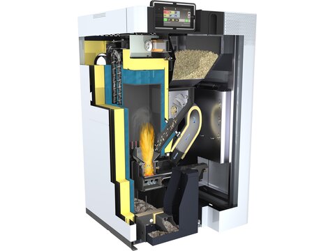 Aufbau Pelletheizung von bösch; Pellets werden oben reingeschüttet und dann unten verbrannt