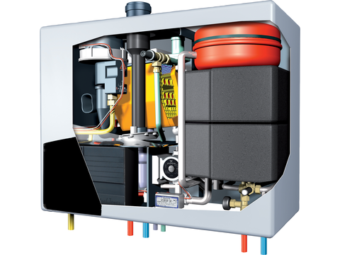 3D-Modell des Gas-Brennwert-Wand-Kombiheizzentrale QLXR von bösch innen