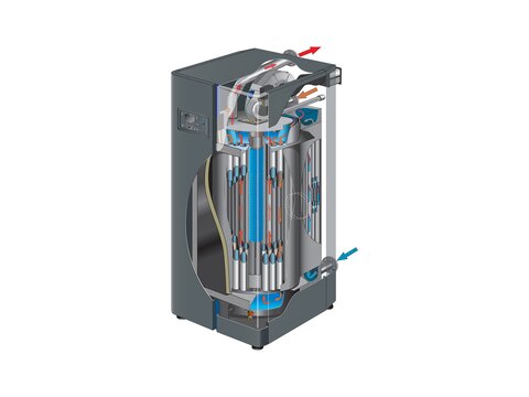 Vorderseite der Gas-Brennwert-Heizzentrale VMAX von bösch geöffnet