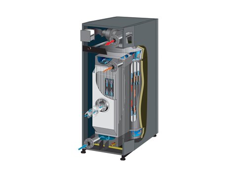 Rückseite der Gas-Brennwert-Heizzentrale VMAX von bösch geöffnet